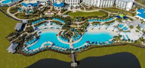 Luftaufnahme des Margaritaville Resort Orlando und seiner Fins Up-Pools.
