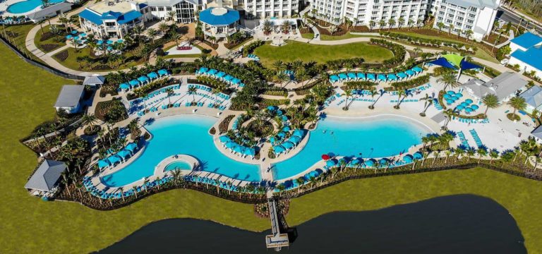 Aerial view of Margaritaville Resort Orlando and its Fins Up pools.