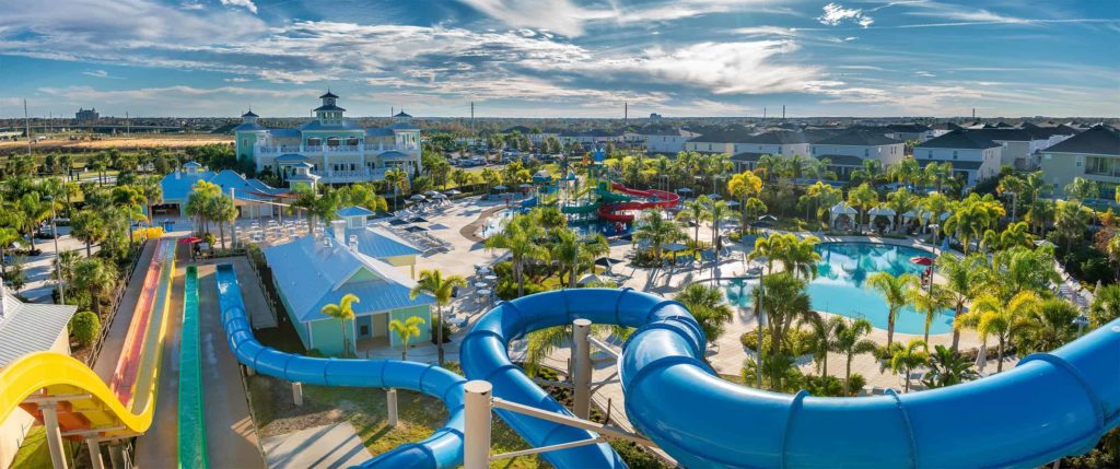 Aerial view of the water park at Encore Resort at Reunion.