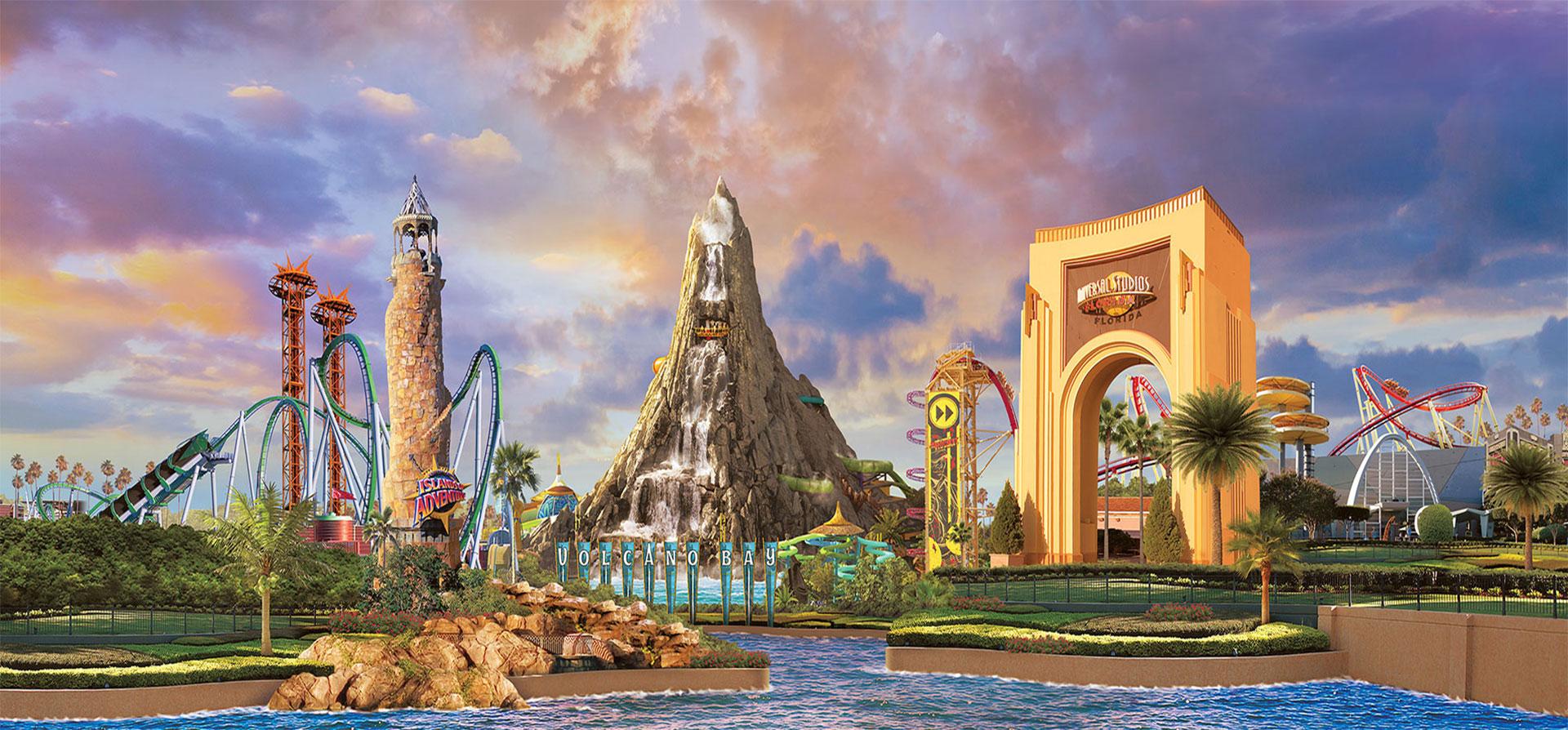 Universal Orlando Resort’s 3 theme parks: Islands of Adventure, Volcano Bay, and Universal Studios Florida.