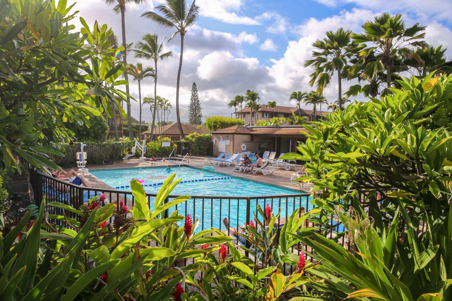 Pono Kai Resort pool surrounded by a lush garden.
