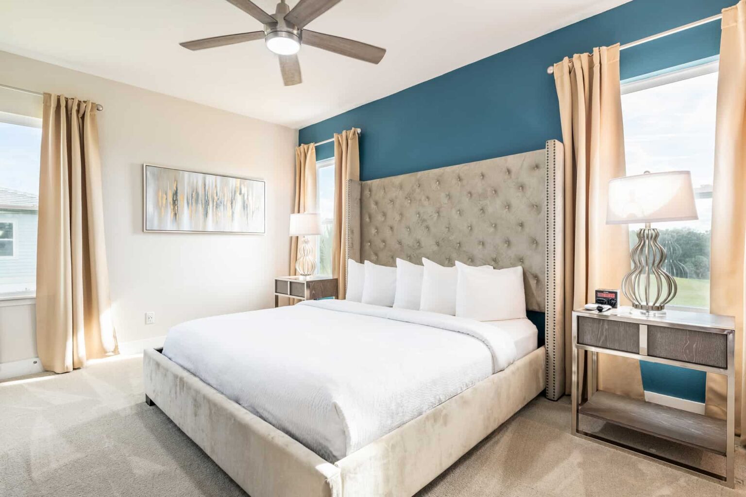 Spacious master bedroom with large king bed at Eagle Trace Resort Orlando.