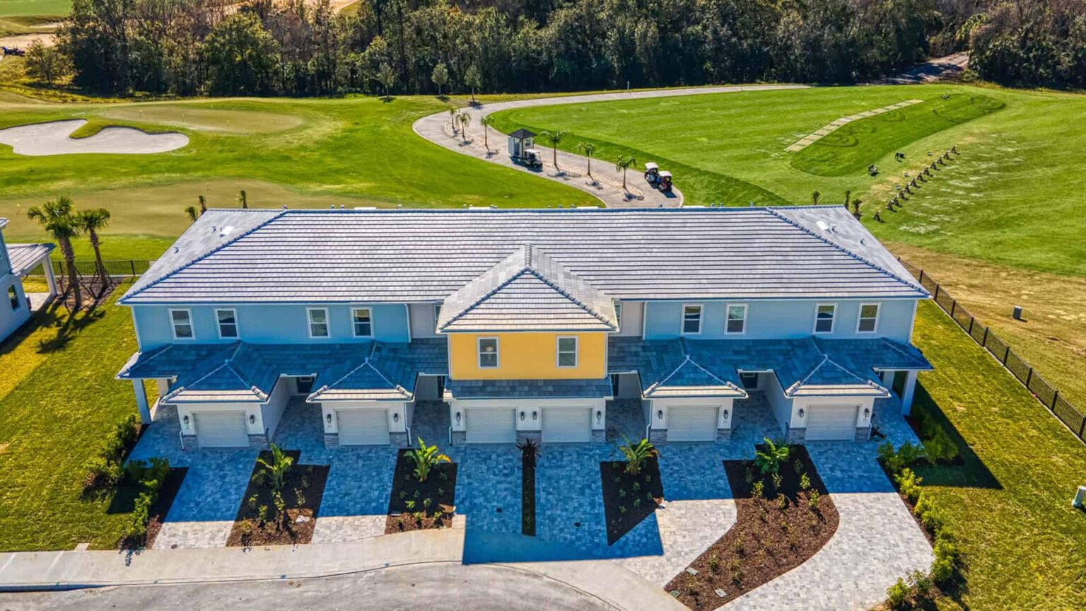 Eagle Trace Resort Orlando townhomes overlooking golf driving range.