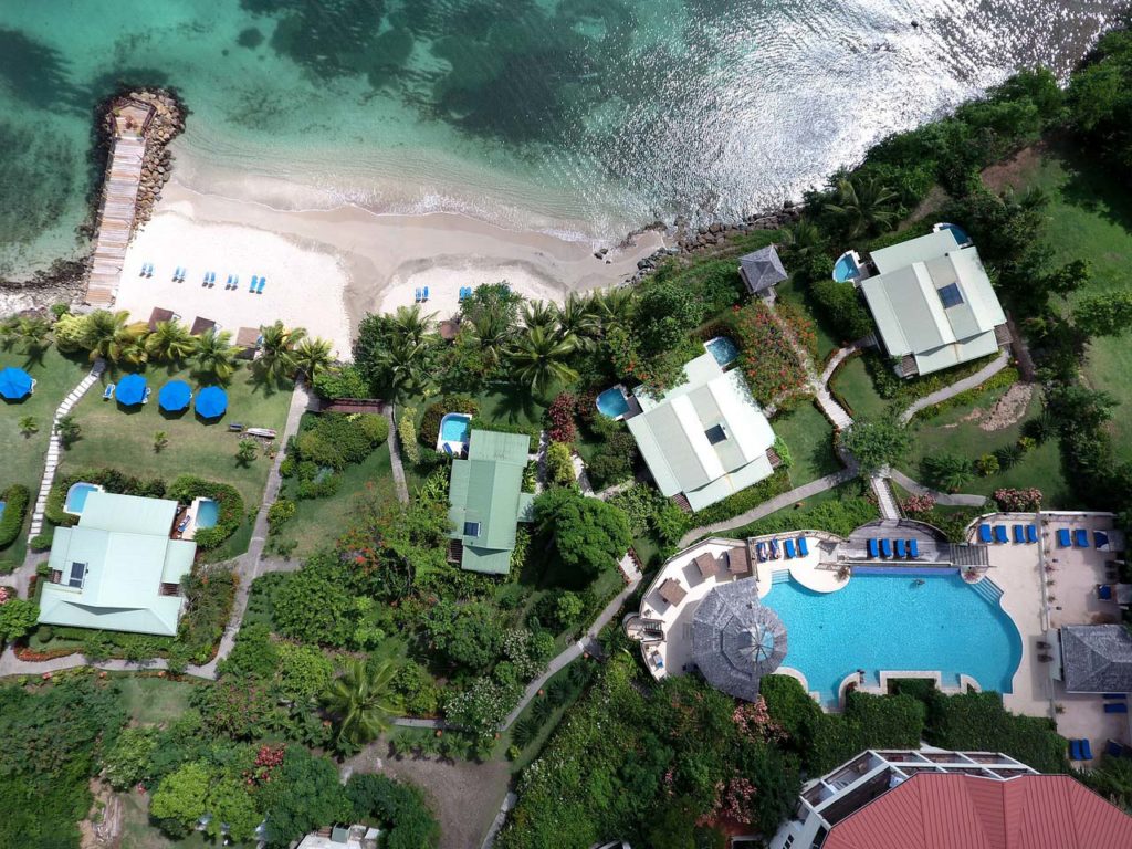 Aerial view of Calabash Cove and its secluded beach and boardwalk in Saint Lucia.