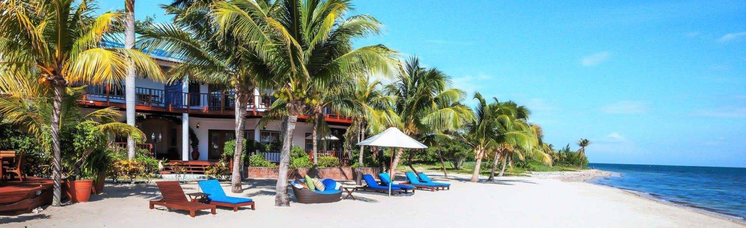 Palm trees, beach chairs, and umbrellas along the beach at Chabil Mar Villas.