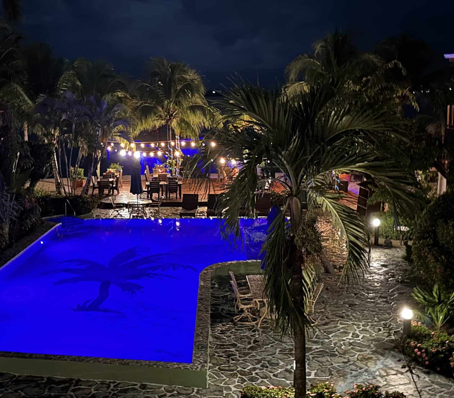 Belize beach view swimming pool at Chabil Mar Villas at night