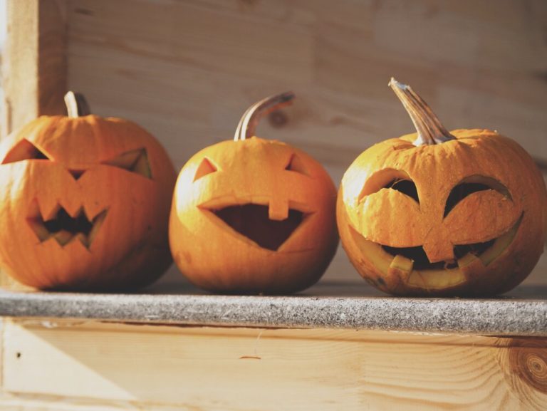 Row Of Pumpkins Carved Into Smiling Halloween Jack-o’-lanterns.