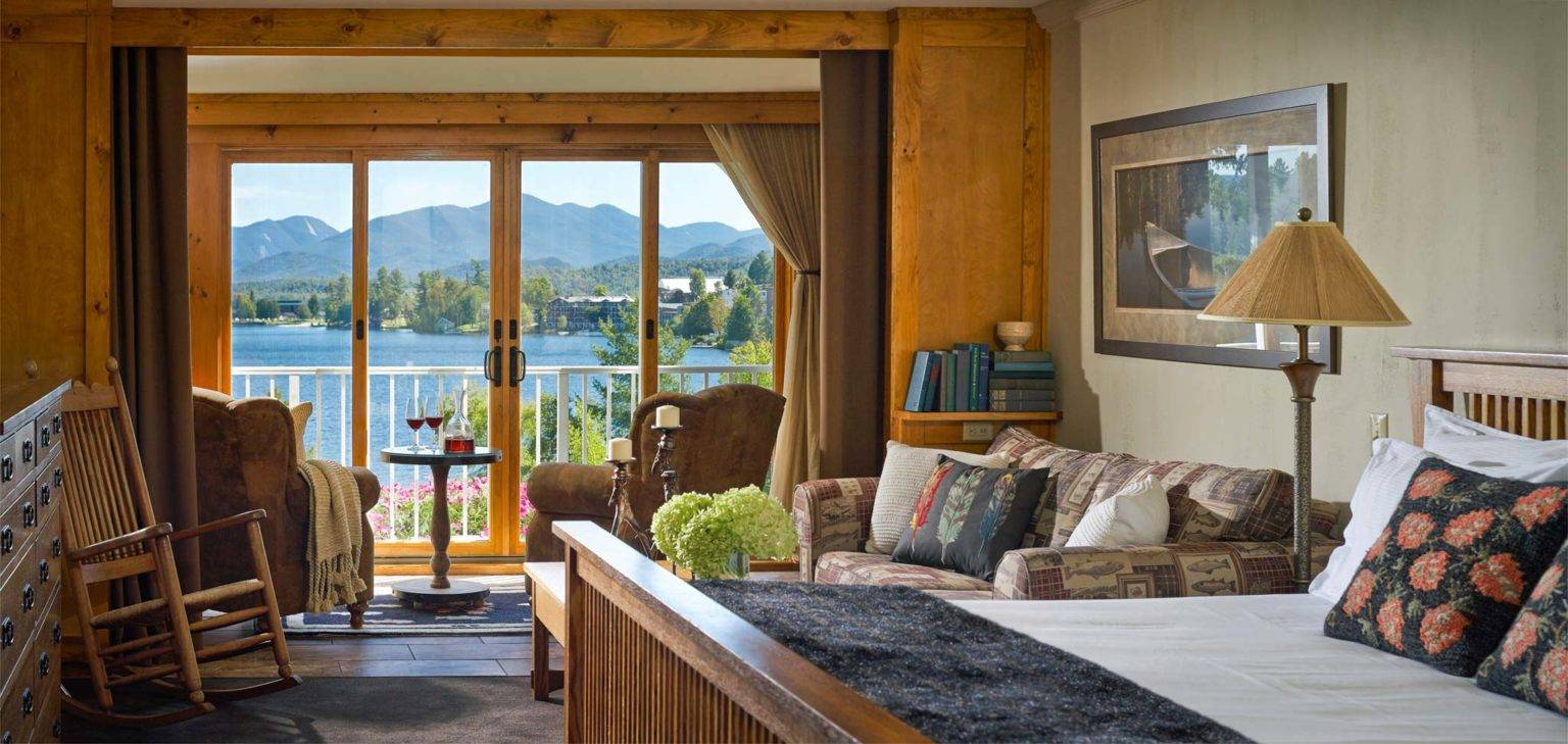 Bedroom with view of Mirror Lake and surrounding mountains.