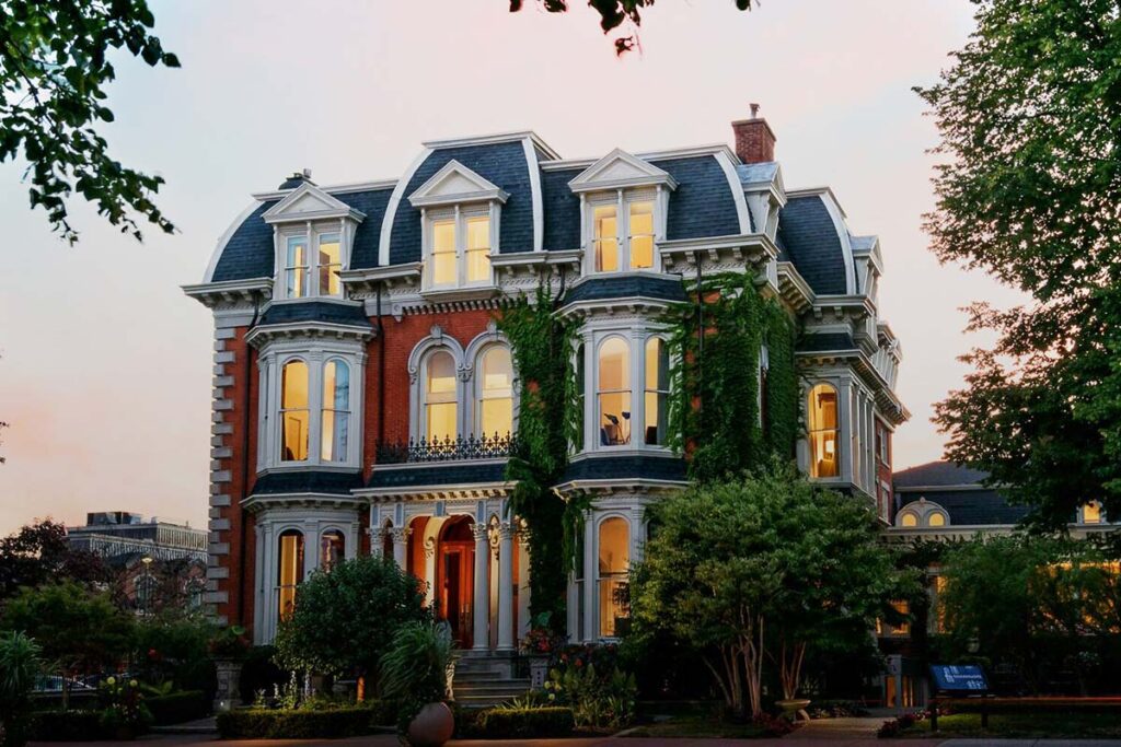 The Mansion on Delaware Avenue front exterior at sunset