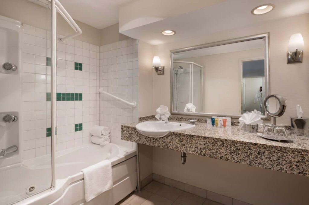 Classic Queen bathroom with tub and double sink: The Mansion on Delaware Avenue.