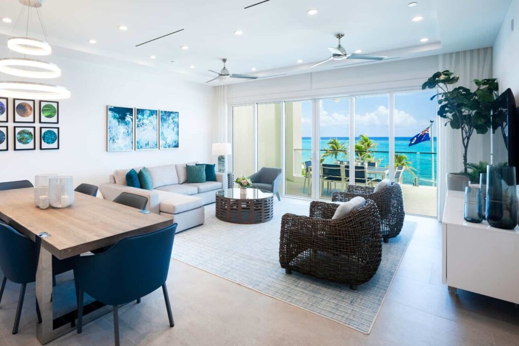 Living room with ocean view: 3 Bedroom Residence at Rum Point Club