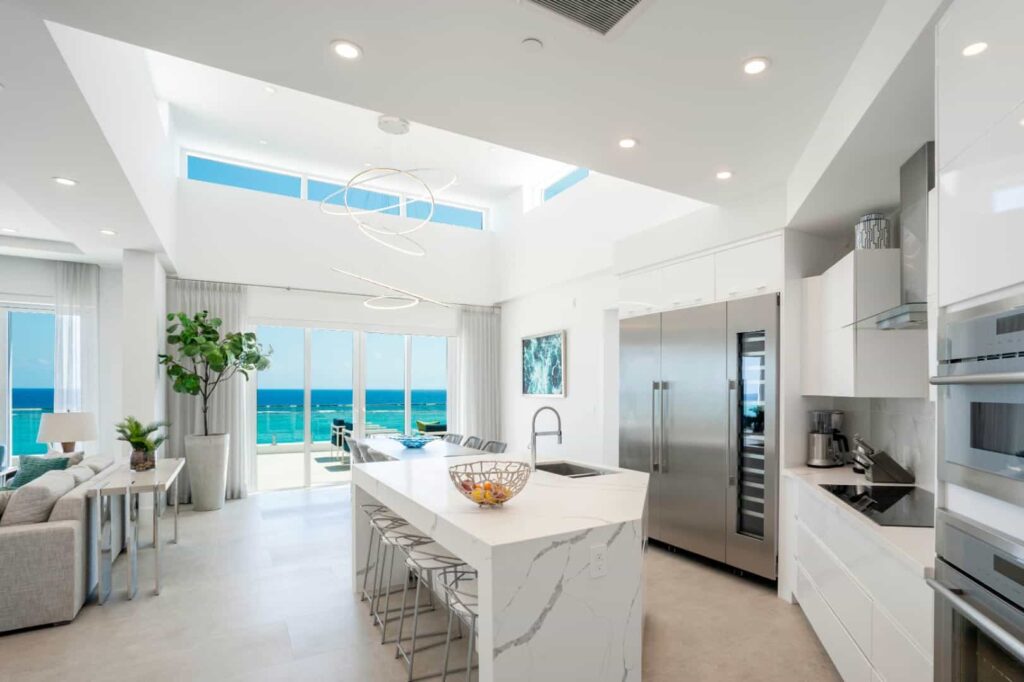 Expansive kitchen with ocean view: 4 Bedroom Penthouse at Rum Point Club