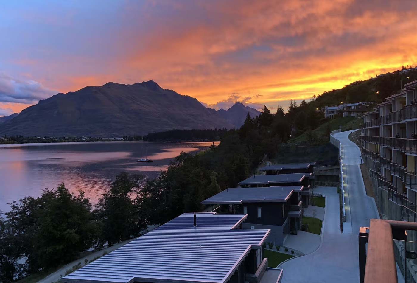 Sunset view over the Rees Hotel, New Zealand