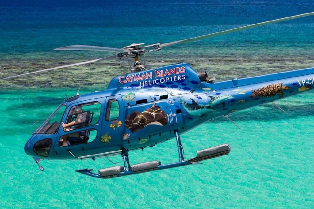 Cayman Islands Helicopter Tour flying over the Caribbean Sea