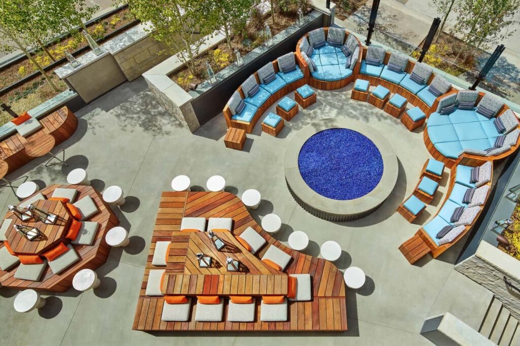 Aerial view of rooftop lounge at the W Aspen Sky Residences