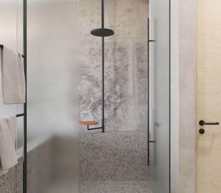 Glass door walk-in shower: Wine Tank Suite