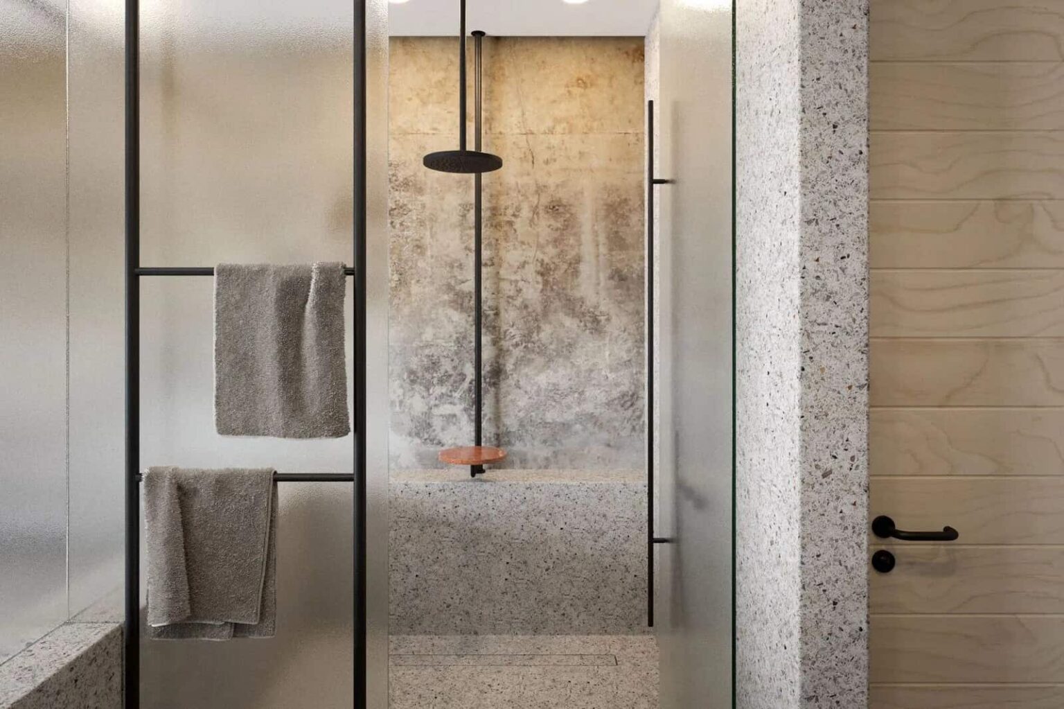 Beachfront Winetank Suite walk-in shower with glass doors