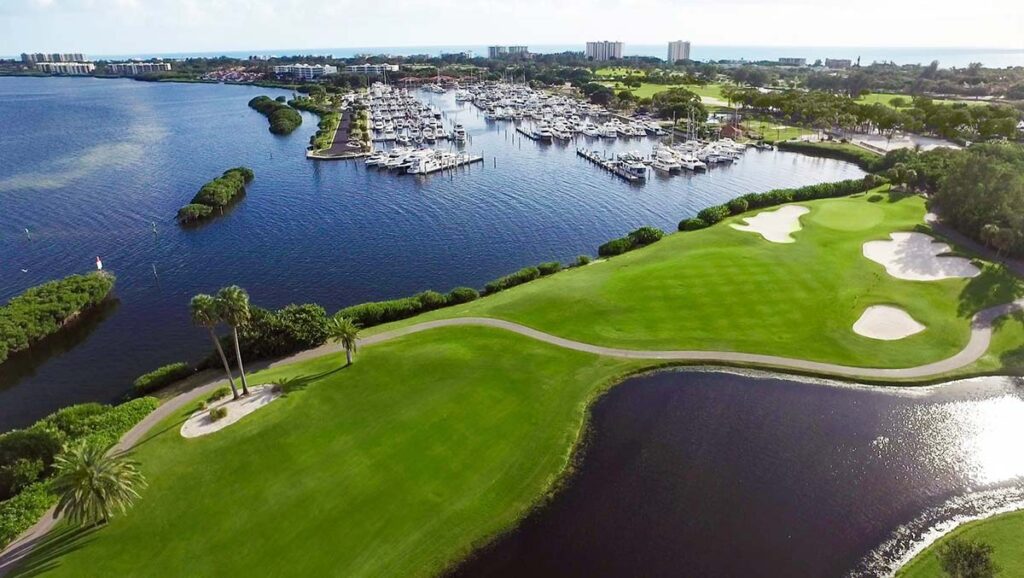 Aerial view of golf course and marina