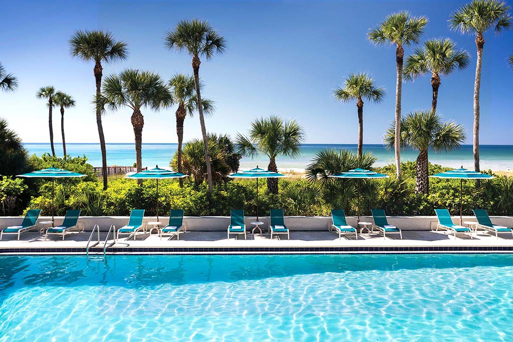 Pool with palm trees and beach in background