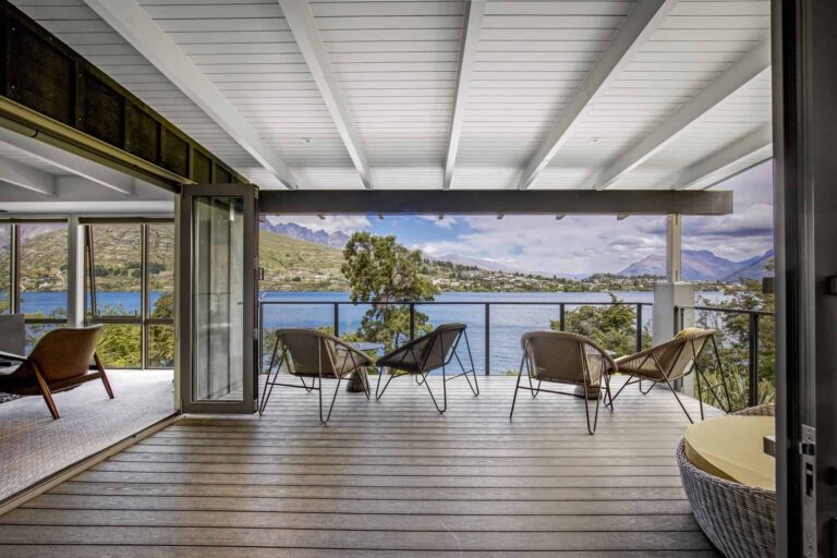 Rees Residence covered balcony overlooking the water