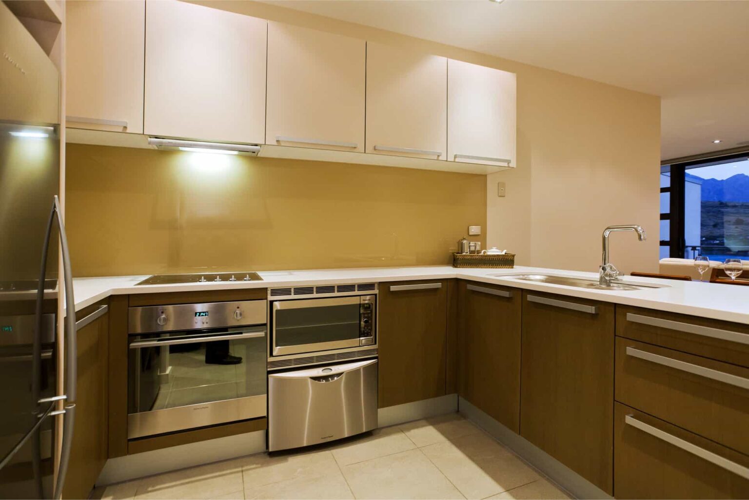 Superior 1 Bedroom Apartment full kitchen with oven range and refrigerator