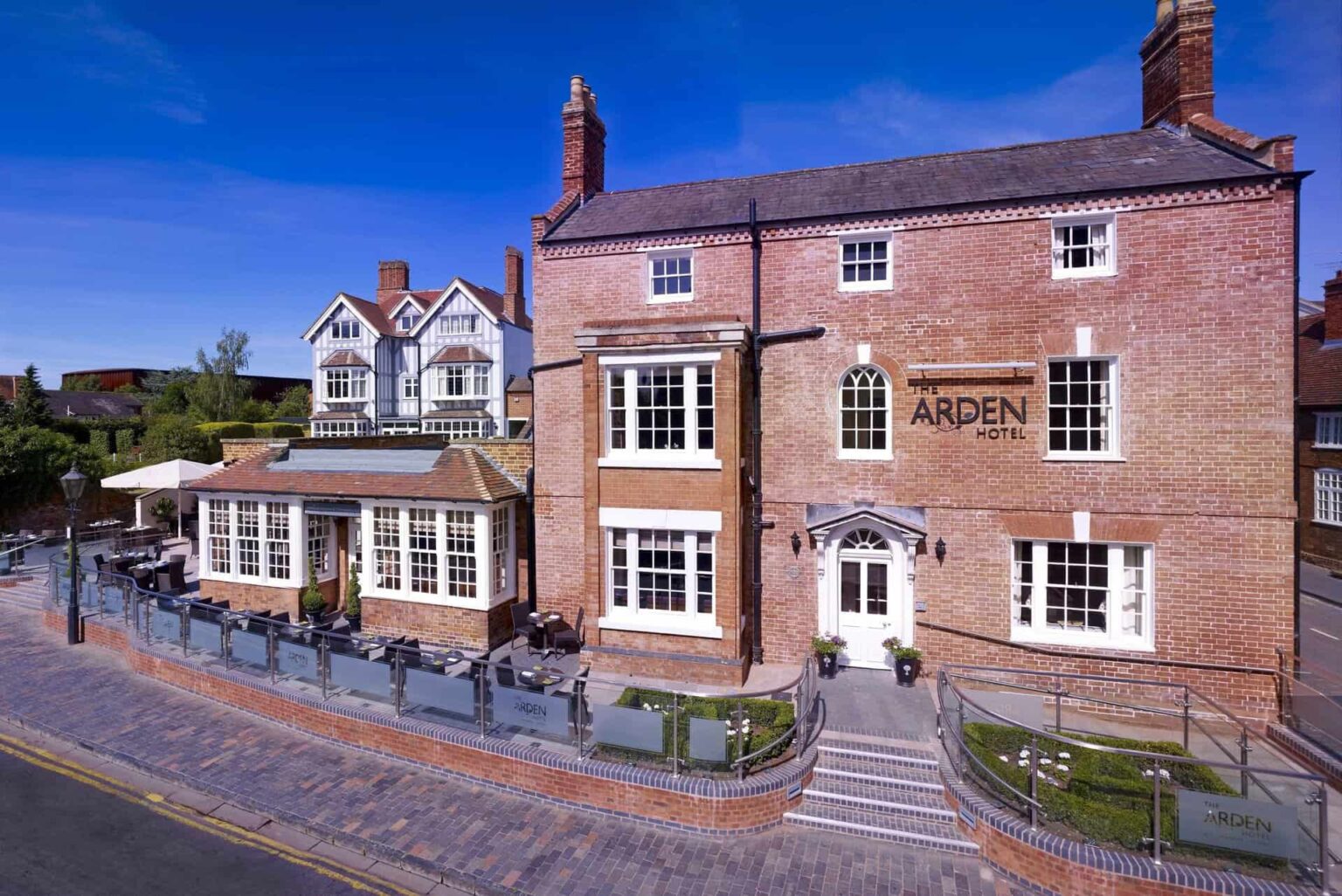 The Arden Hotel exterior front and terrace in Stratford-upon-Avon, UK