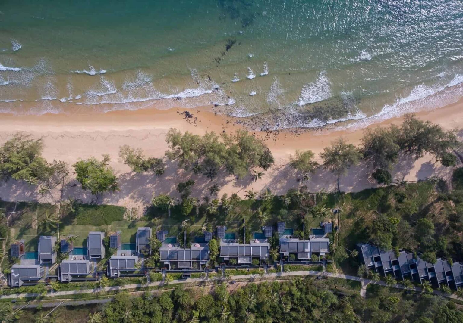 Koh Russey aerial view of beachfront villas facing the ocean