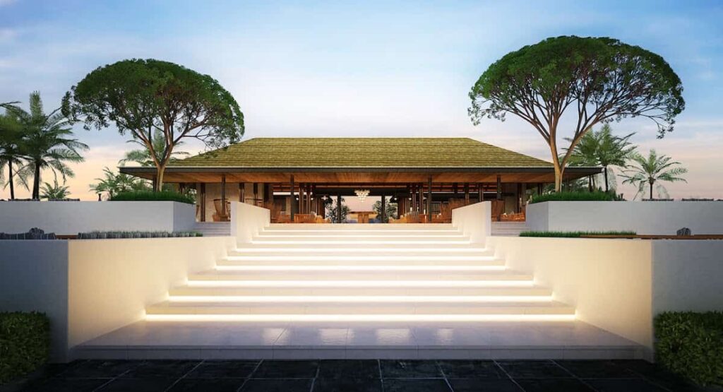 El edificio principal del Royal Sands Koh Rong Resort con escalones iluminados