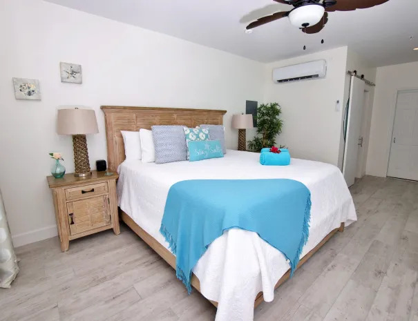 Starfish guest room king bed, end tables, and ceiling fan