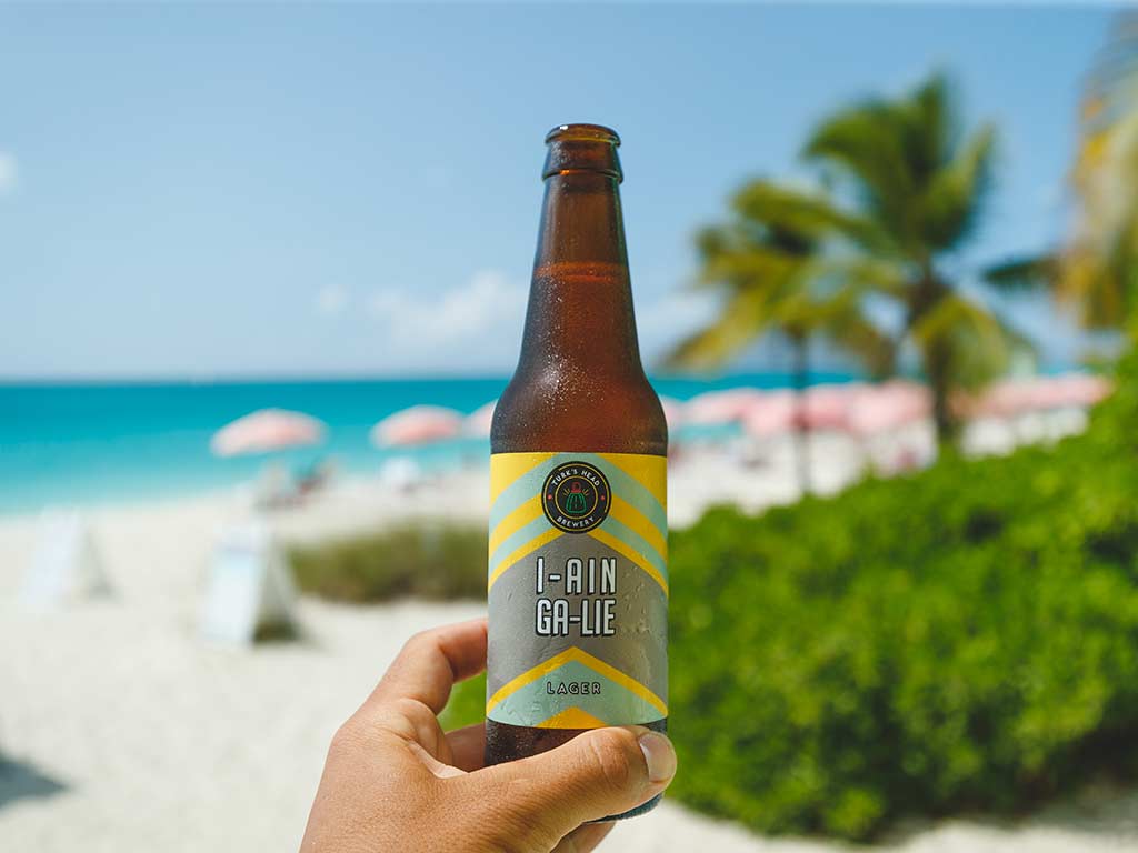 Person holding a beer bottle with a beach in the background.