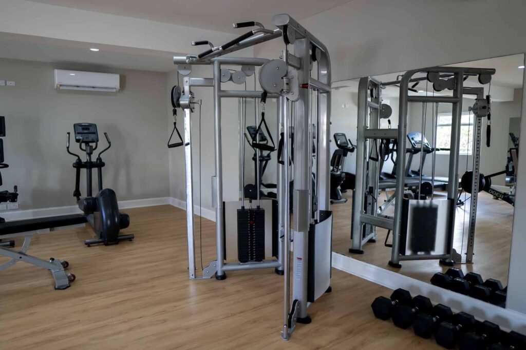 Exercise equipment and weights in the Cap Cove Resort fitness center