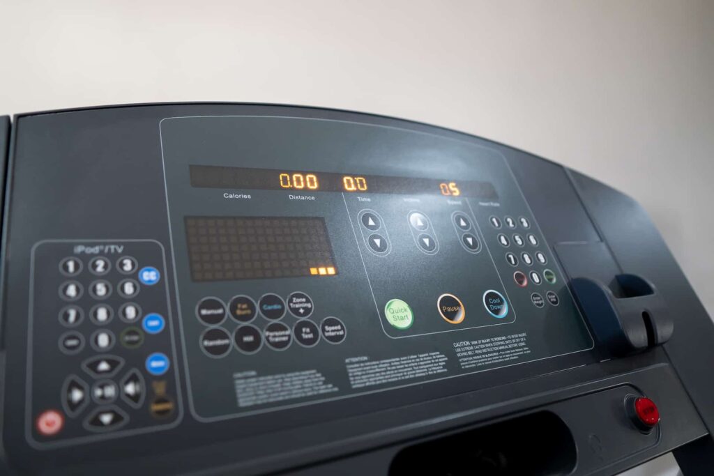 Treadmill console in the Cap Cove Resort fitness center