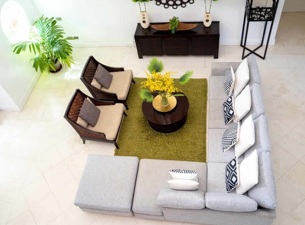 4 Bedroom Villa: Bird’s eye view of living room sofa and armchairs.