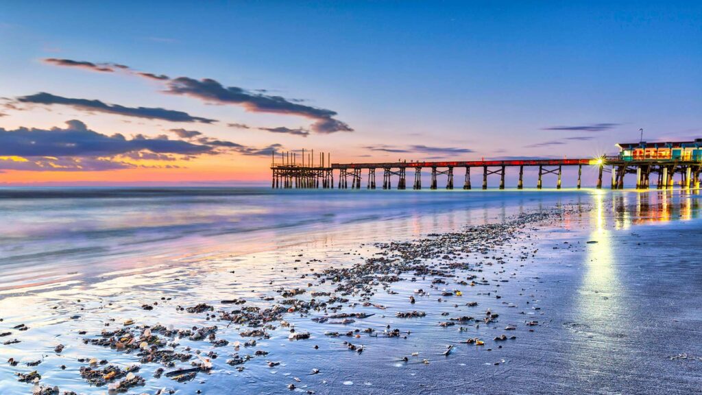 Sunset view of pier at Cocoa Beach, Florida