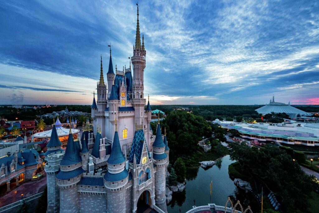 View of Cinderella's Castle at Walt Disney World at sunset