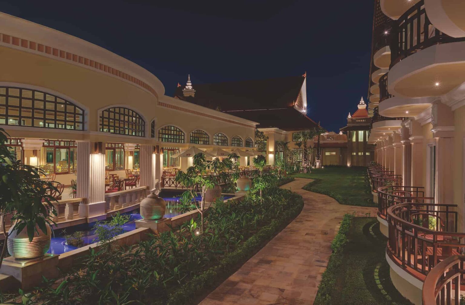 Sokha Siem Reap Resort hotel building and gardens at night