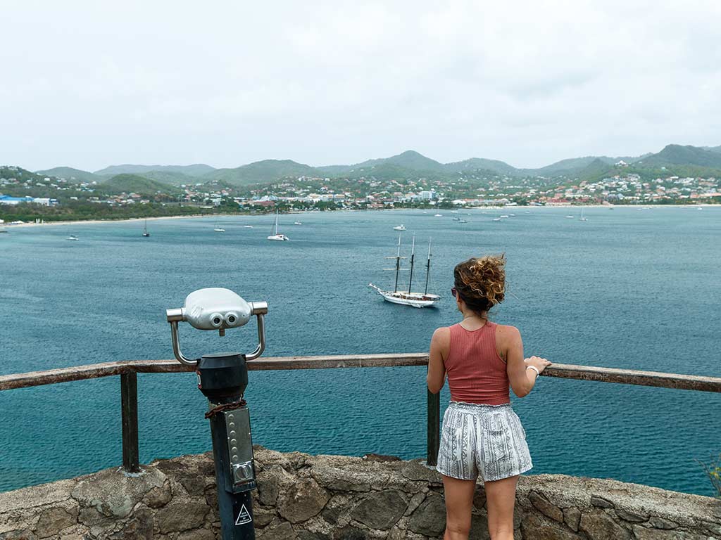 Woman standing at a scenic overlook watching boats go by