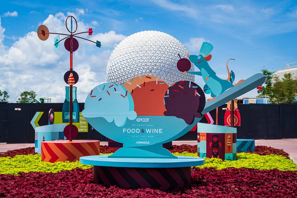 Sign for the EPCOT Food and Wine Festival in front of Spaceship Earth
