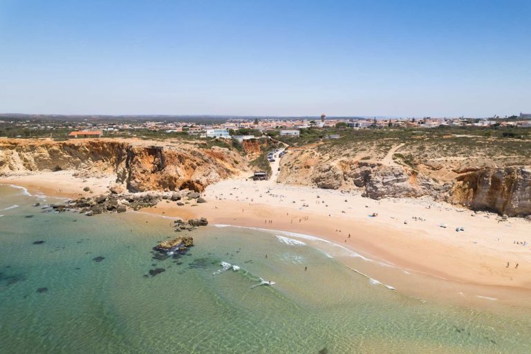 Aerial view of Tonel Beach and seaside cliffs in Algarve, Portugal