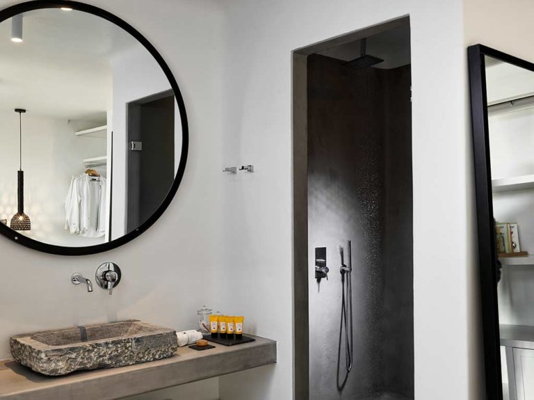 Boheme Mykonos - Bohemian Suite bathroom vanity and shower