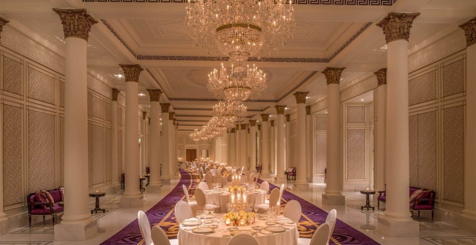 Banquet table set up in an event room at Palazzo Versace Dubai Hotel