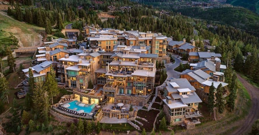 Aerial view of Stein Eriksen Residences in the mountains of Park City, Utah