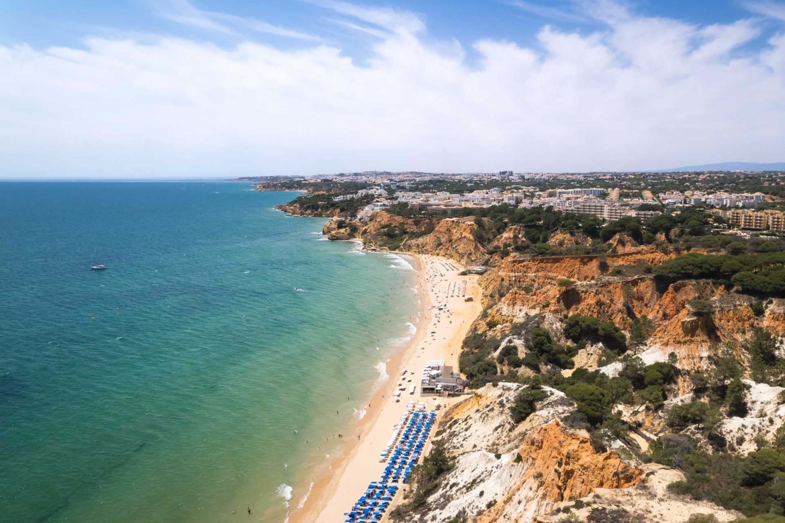 Aerial view of the beach and seaside cliffs of Praia da Falésia beach in Albufeira, Portugal