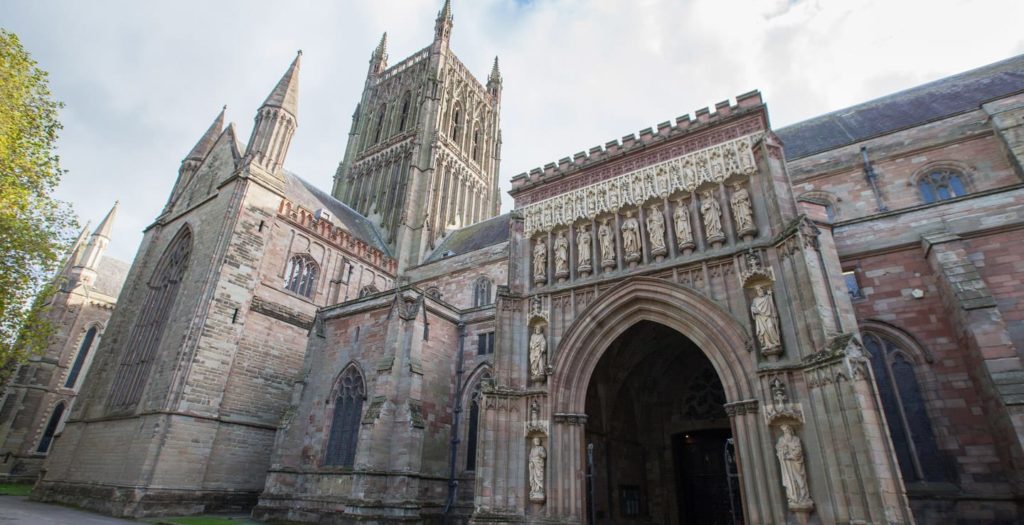 Exterior of historic Worcestershire Cathedral in Worcester, United Kingdom