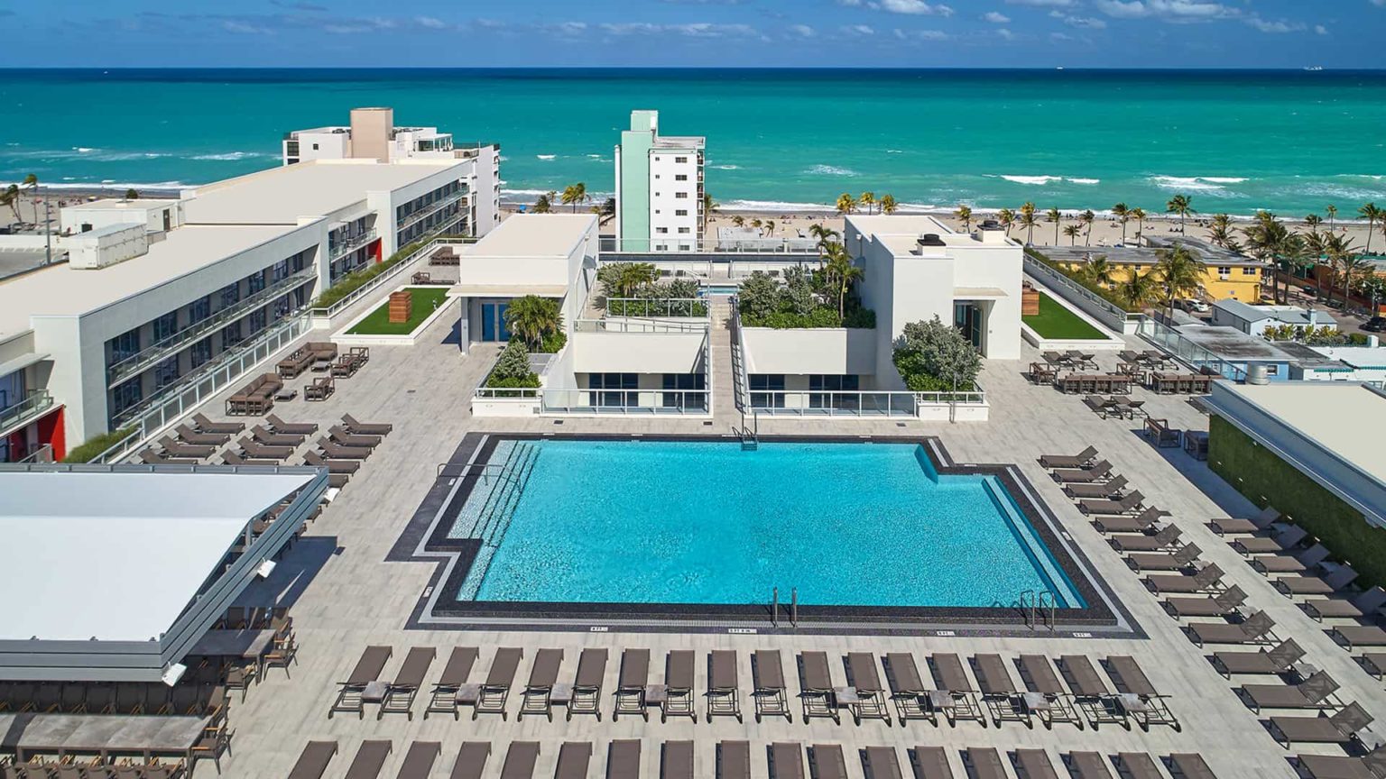 Aerial view of Costa Hollywood Beach Resort pool overlooking the beach