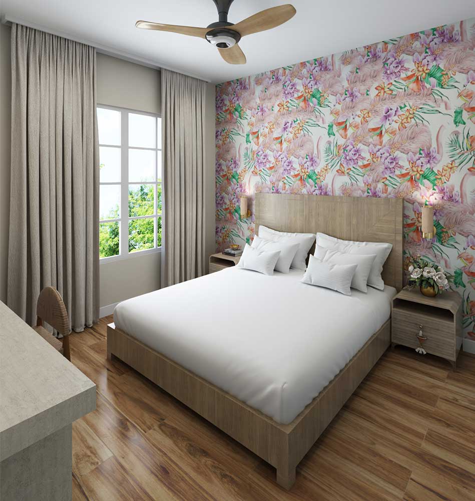 Dormitorio en suite con cama Queen, mesa de noche y escritorio en Embassy Suites by Hilton Orlando Sunset Walk