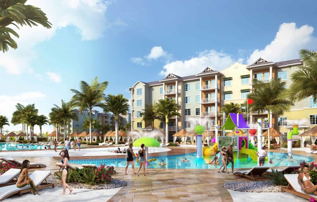 Concept art: People at the pool and splash area at Embassy Suites by Hilton Orlando Sunset Walk