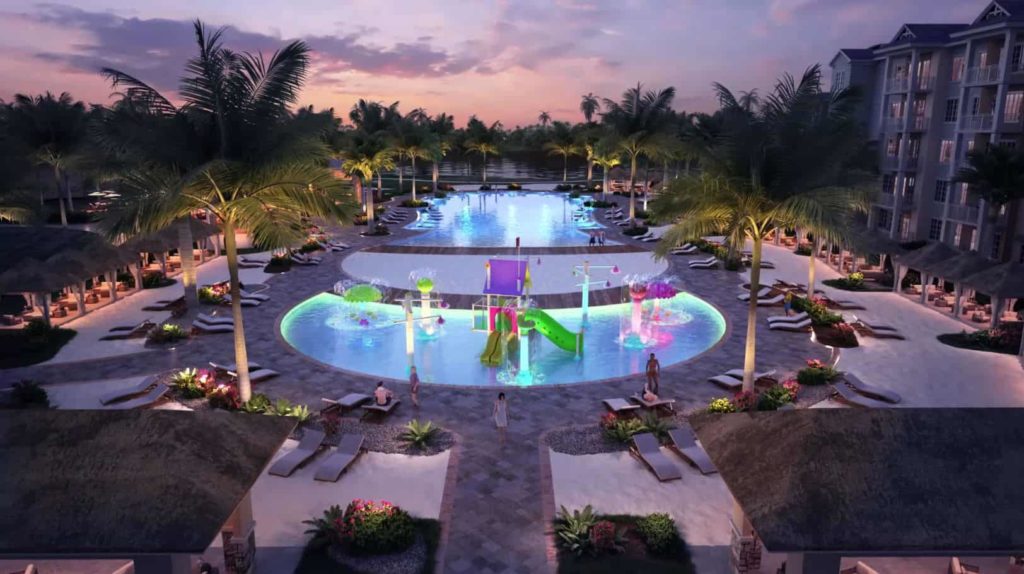 Embassy Suites by Hilton Orlando Sunset Walk pool and splash area at night