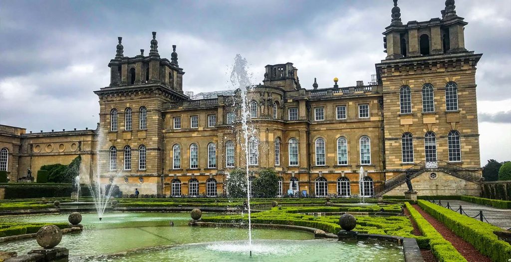 Fountains outside the historic Blenheim Palace in Oxfordshire, United Kingdom