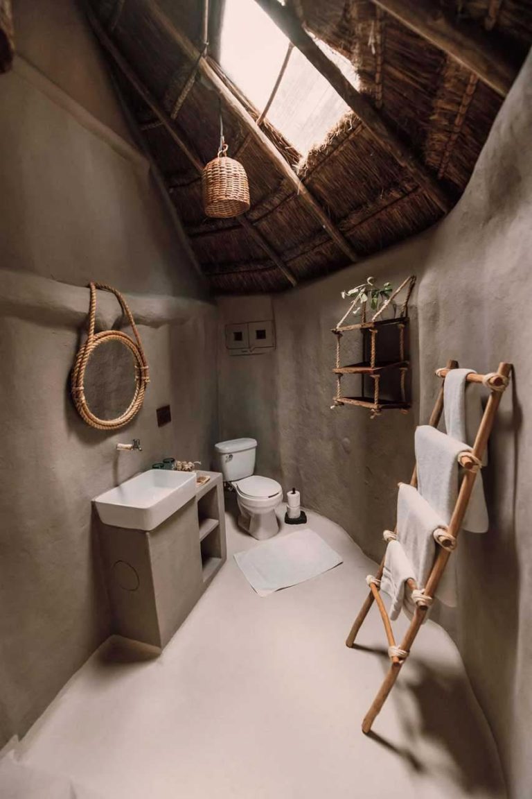 Cabaña bathroom with skylight at the Papaya Playa Project